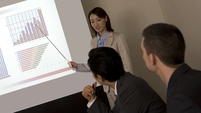 取引先でプレゼンをする女性社員