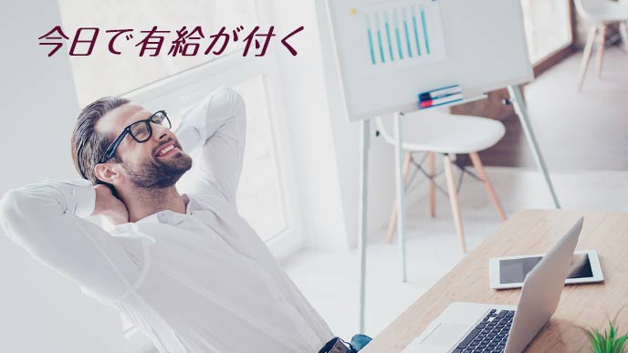 デスクの椅子で背伸びする男性