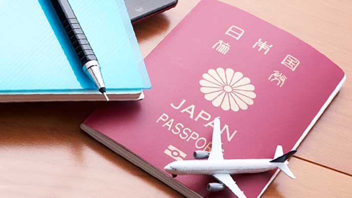 パスポートと飛行機のミニチュア