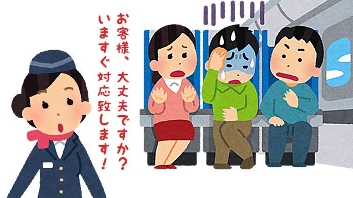 機内で体調を悪くした乗客の対応をする客室乗務員のイラスト