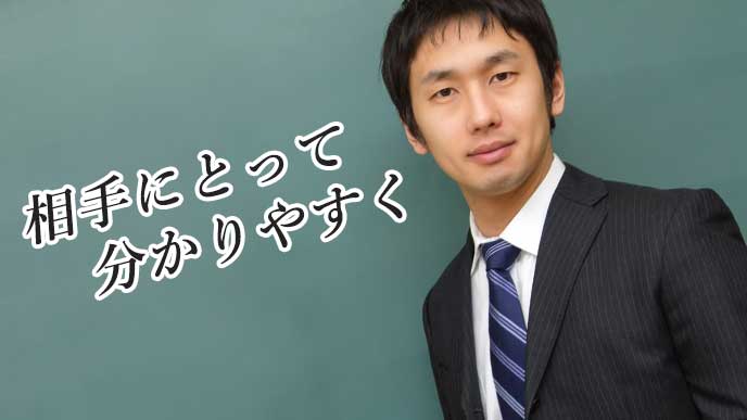黒板を背に優しく微笑む教師