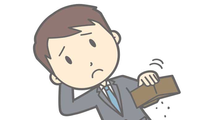 お財布にお金が入ってなくて困った顔をしてる男性のイラスト