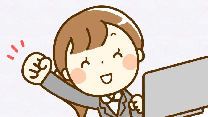 笑顔でガッツポーズをしてる女性社員のイラスト