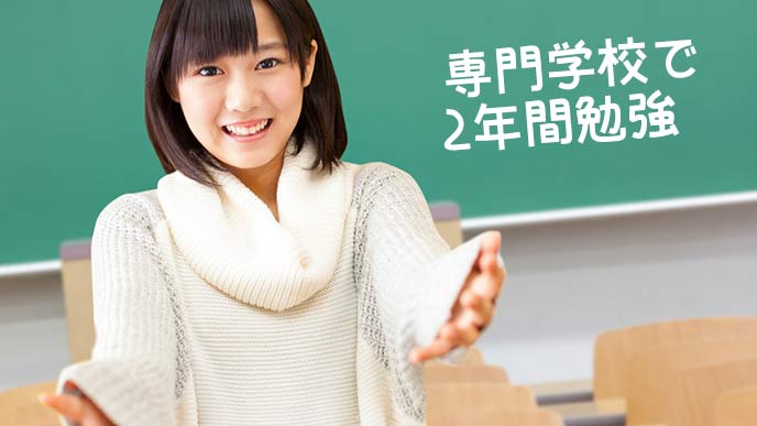 専門学校の黒板の前に立つ女子学生