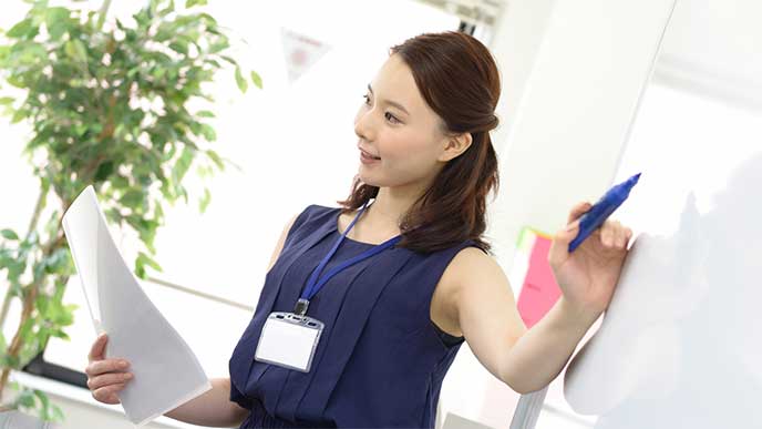 ホワイトボードを使って解説してる女性