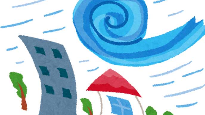台風の強い風で傾いてる家とビルのイラスト