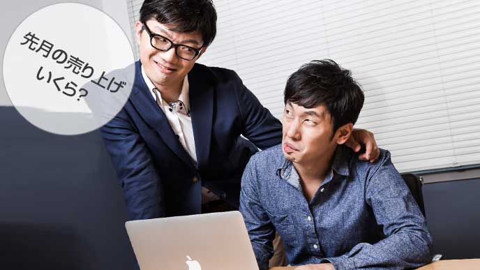 先輩から売り上げを問い詰められている社員