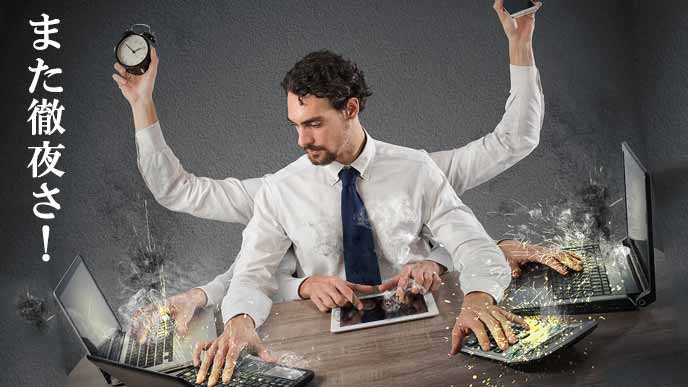 PCが火を噴くように操作するビジネスマン