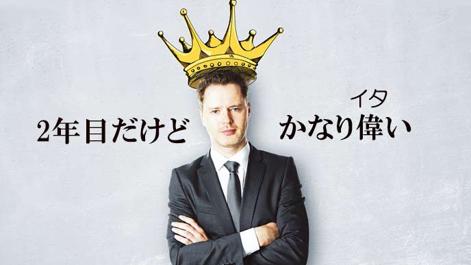 王冠を被って腕組みする２年目社員