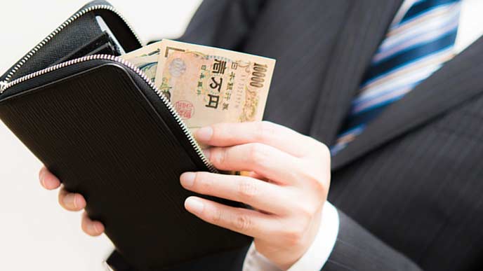 財布からお札を出す会社員
