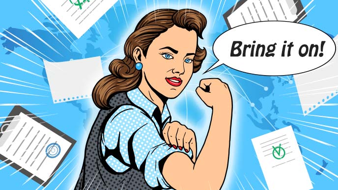 かかってこいやと英語で挑発する事務員風の女性のイラスト