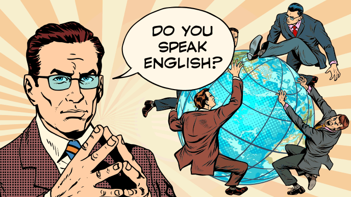 地球の上で競うビジネスマンたちと、その前で「Do you speak English?」と問いかける男性のイラスト