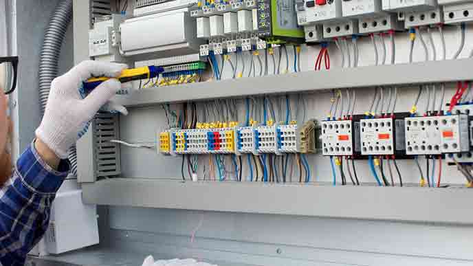 電源スイッチを点検する作業員