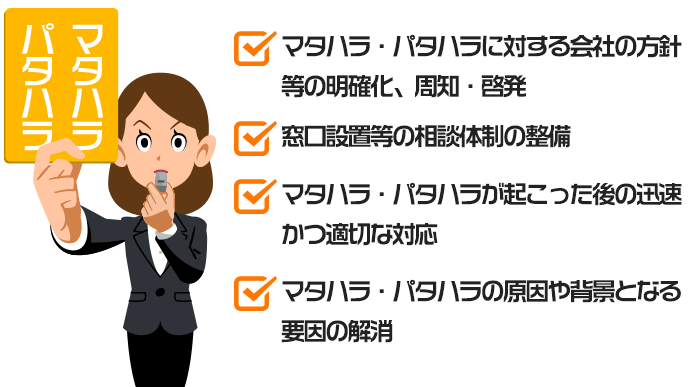・マタハラ・パタハラに対する会社の方針等の明確化、周知・啓発　・窓口設置等の相談体制の整備　・マタハラ・パタハラが起こった後の迅速かつ適切な対応　・マタハラ・パタハラの原因や背景となる要因の解消