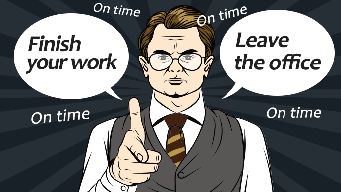 定時に仕事を終えろ、定時に帰れと英語で指示する上司のイメージイラスト