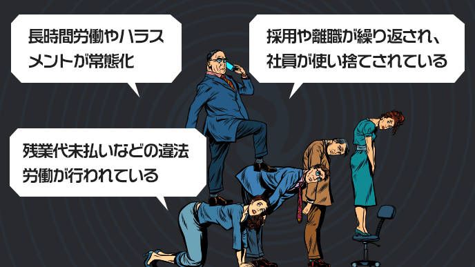 ブラック企業の特徴のイラスト「・長時間労働やハラスメントが常態化・残業代未払いなどの違法労働が行われている・採用や離職が繰り返され、社員が使い捨てされている」