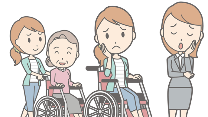 車椅子を押したり車椅子に乗ったりいろいろ大変女性のイラスト