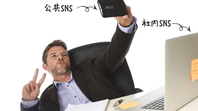 仕事中にスマホで自撮りしている男性