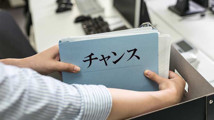 箱にファイルを仕舞う社員とチャンスの文字
